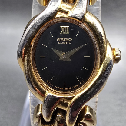 Seiko Watch Women 18mm Black Dial Gold Tone Oval 4N00-F080 New Battery Vintage1
