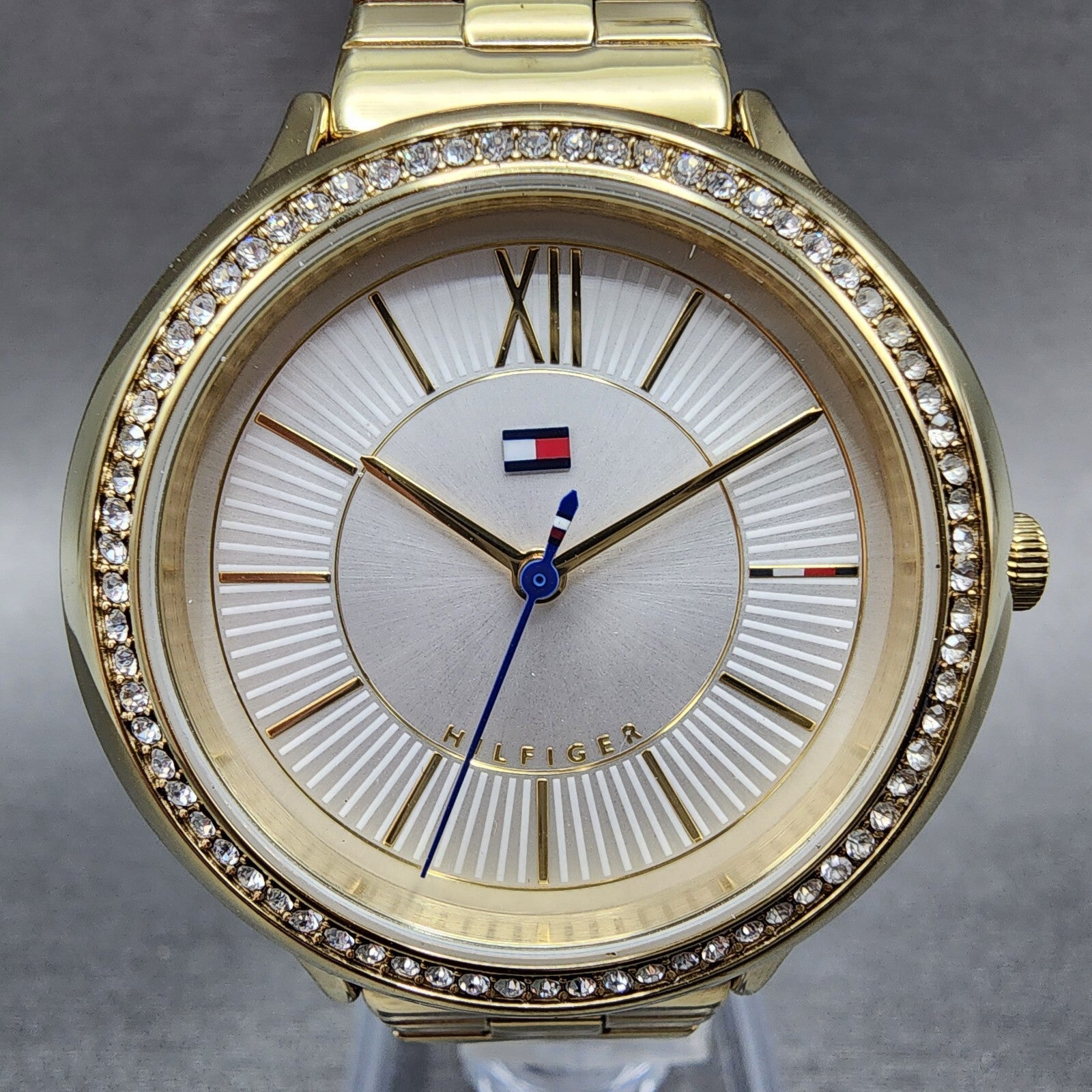 Tommy Hilfiger Watch Women 36mm White Dial Gold Tone Crystal Bezel Round Newbatt1
