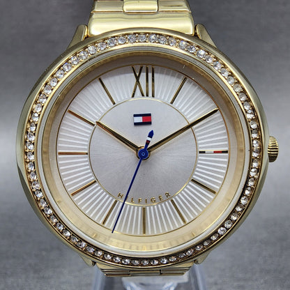 Tommy Hilfiger Watch Women 36mm White Dial Gold Tone Crystal Bezel Round Newbatt1