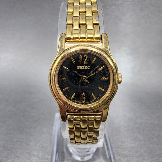 VTG Seiko Watch Women 19mm Black Dial Gold Tone Round 1N010GD0 New Battery0