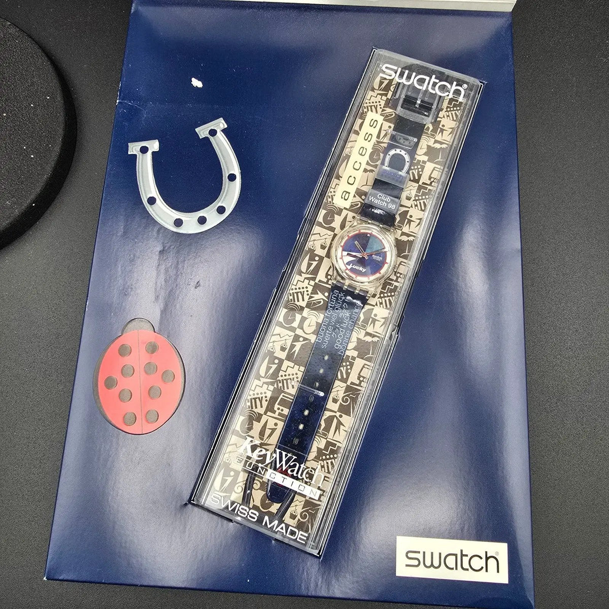 Swatch Access Lucky 7 Watch Men 34mm Blue Dial Clear Case SKZ116 New Battery NOS17