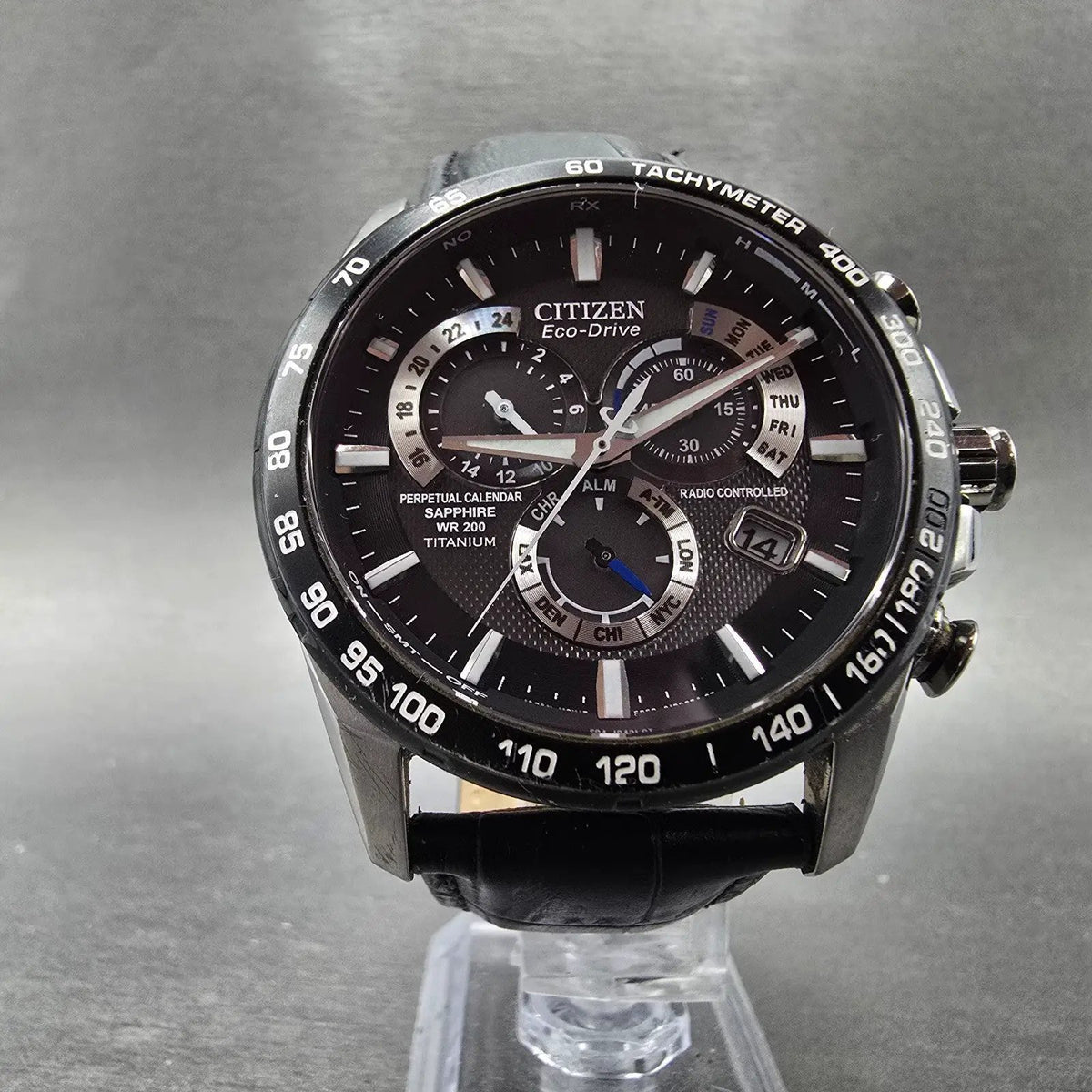 Citizen Eco-Drive Chronograph Watch Men 42mm Black Dial Titanium Date CB5908-57E5