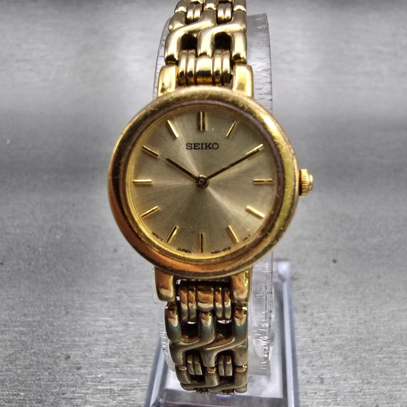 Seiko Watch Women 21mm Gold Dial Gold Tone Round 1N00-1E09 New Battery Vintage0