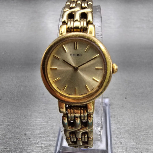 Seiko Watch Women 21mm Gold Dial Gold Tone Round 1N00-1E09 New Battery Vintage0
