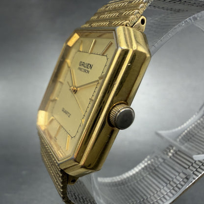 Gruen Precision Tank Watch Men 28mm Gold Dial Gold Tone Octagon New Battery VTG2