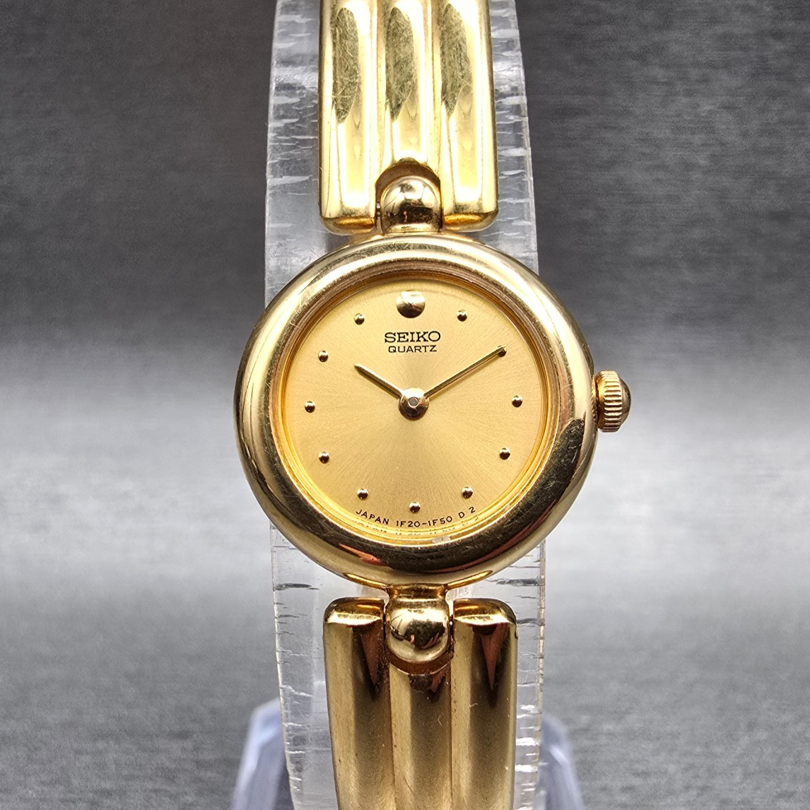 Seiko Watch Women 18mm Gold Dial Gold Tone Round 1F20-0E89 New Battery Bangle0