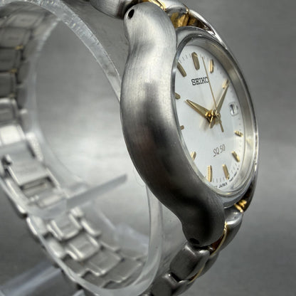 Seiko SQ 50 Watch Women 25mm White Dial Two Tone Date 7N820301 New Battery ABC3