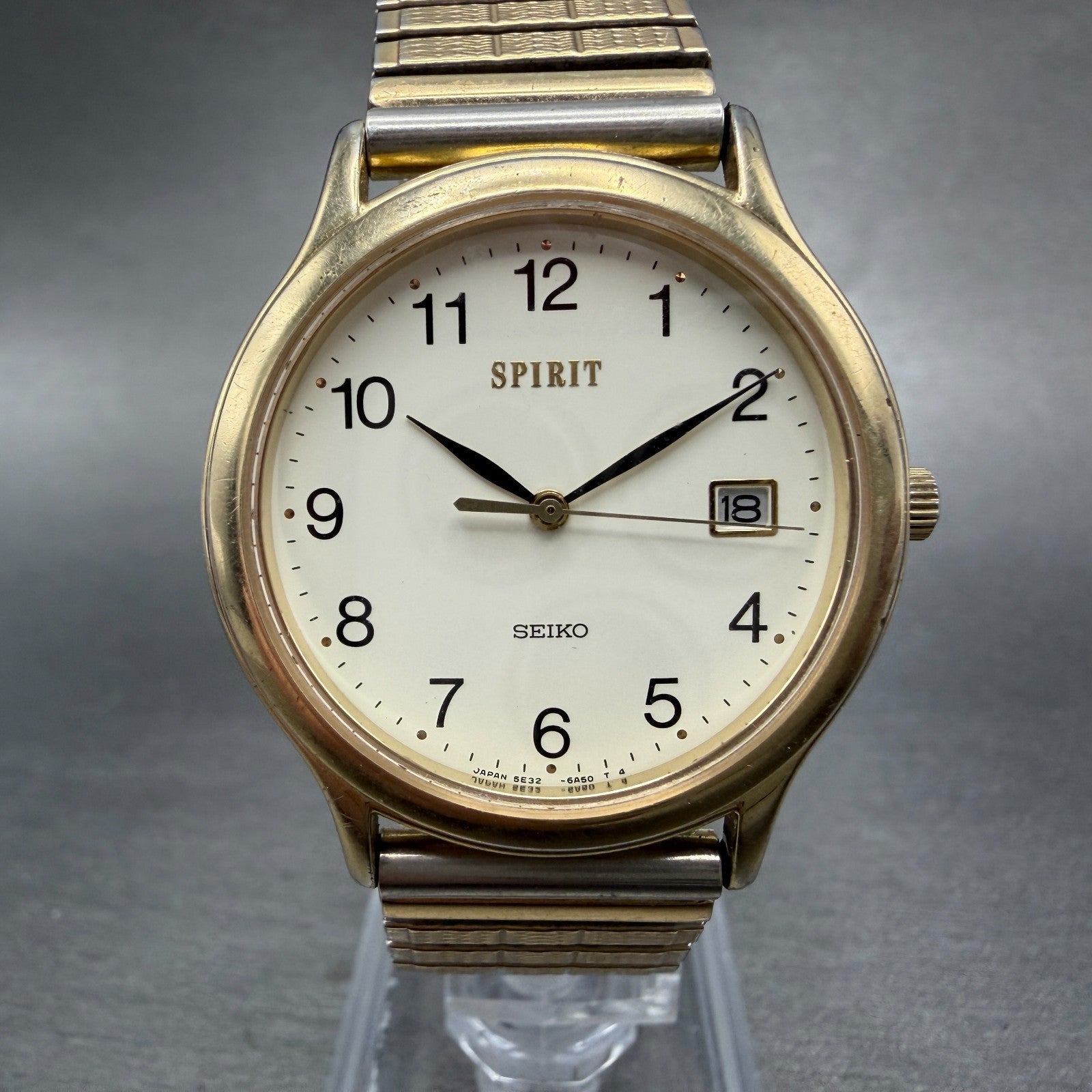 Seiko Spirit Watch Men 33mm White Dial Gold Tone Date Round 5E32-6A3A New Batt 40