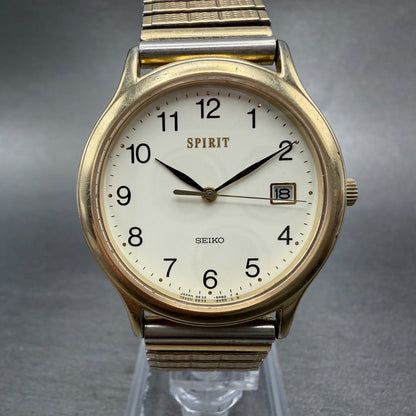 Seiko Spirit Watch Men 33mm White Dial Gold Tone Date Round 5E32-6A3A New Batt 40