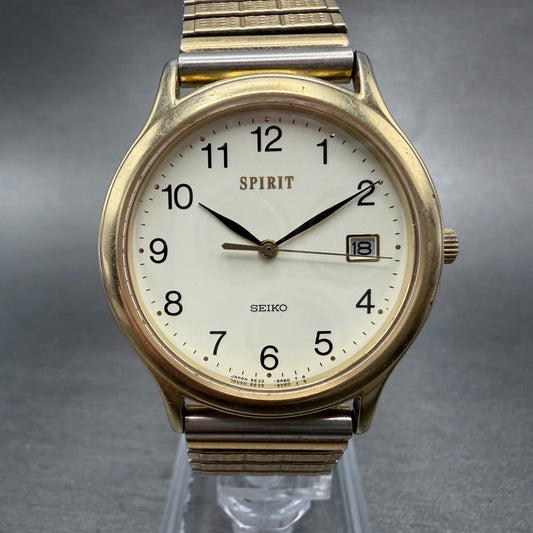Seiko Spirit Watch Men 33mm White Dial Gold Tone Date Round 5E32-6A3A New Batt 40