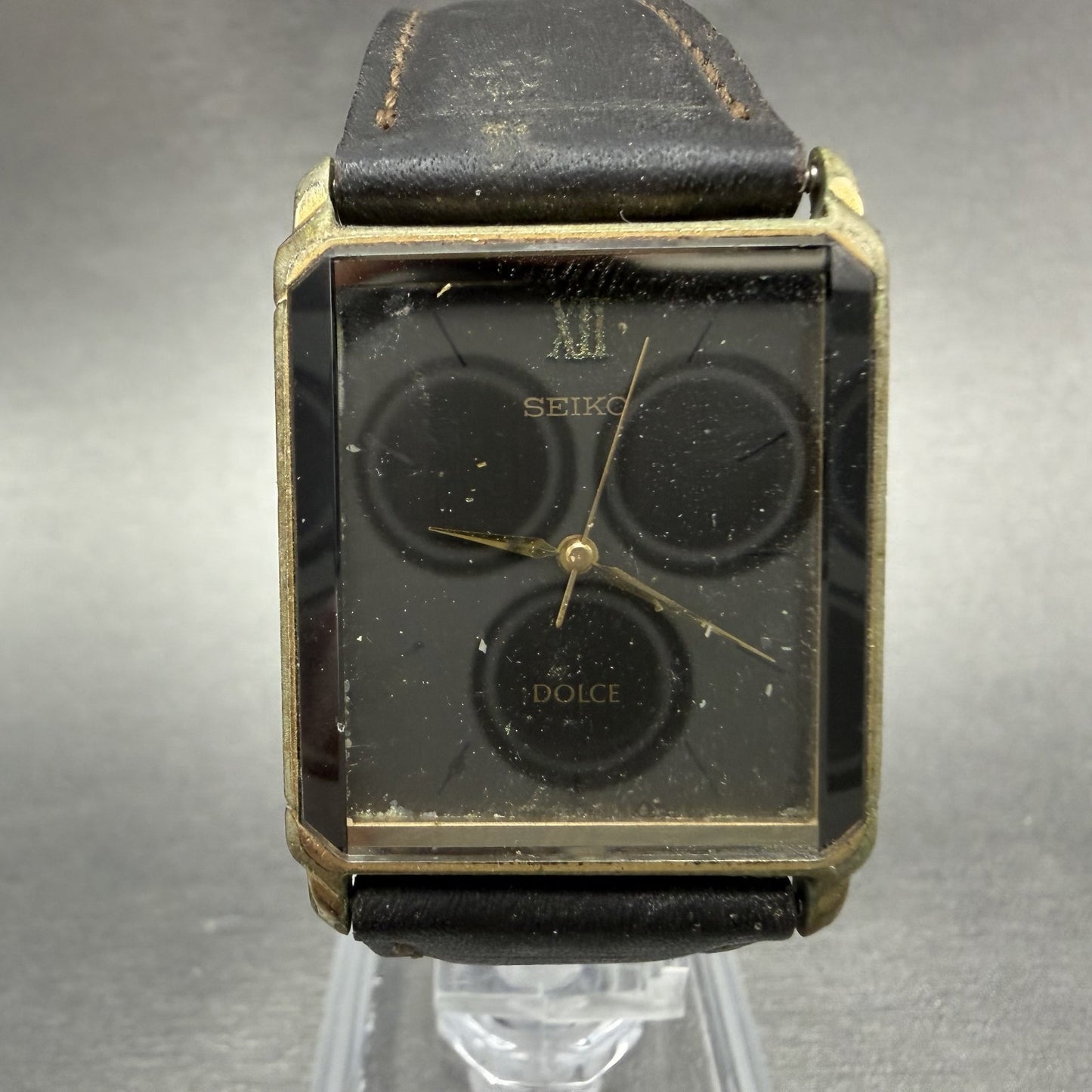 Seiko Dolce Tank Watch Men 26mm Black Dial Gold Tone Rectangle 5E31-5B90 PARTS0