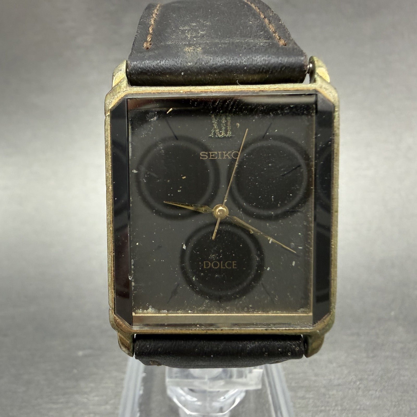 Seiko Dolce Tank Watch Men 26mm Black Dial Gold Tone Rectangle 5E31-5B90 PARTS0