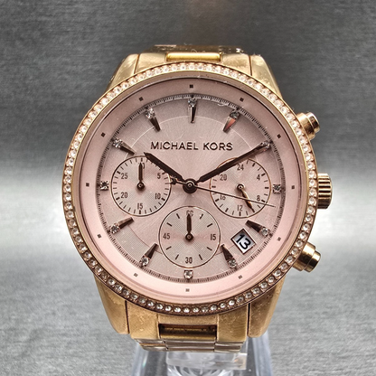 Michael Kors Ritz Watch Women 37mm Pink Dial Chrono Date MK-6357 New Battery0