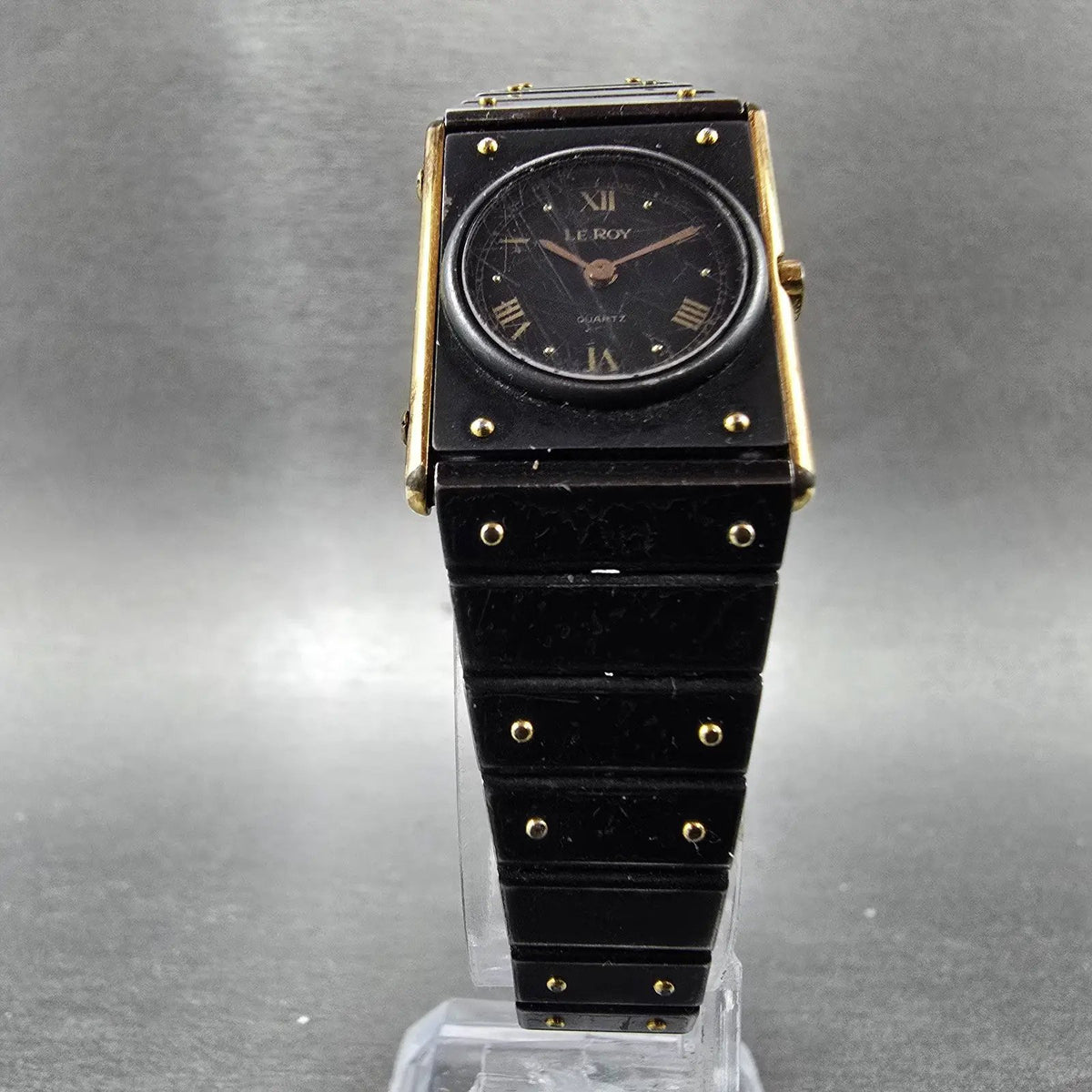 Leroy Tank Watch Women 20mm Black Dial Gold Black Rectangle 8802 New Battery VTG6