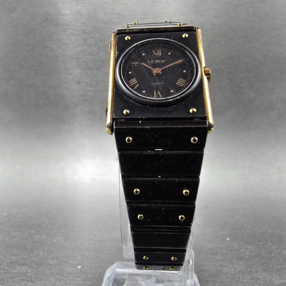 Leroy Tank Watch Women 20mm Black Dial Gold Black Rectangle 8802 New Battery VTG6