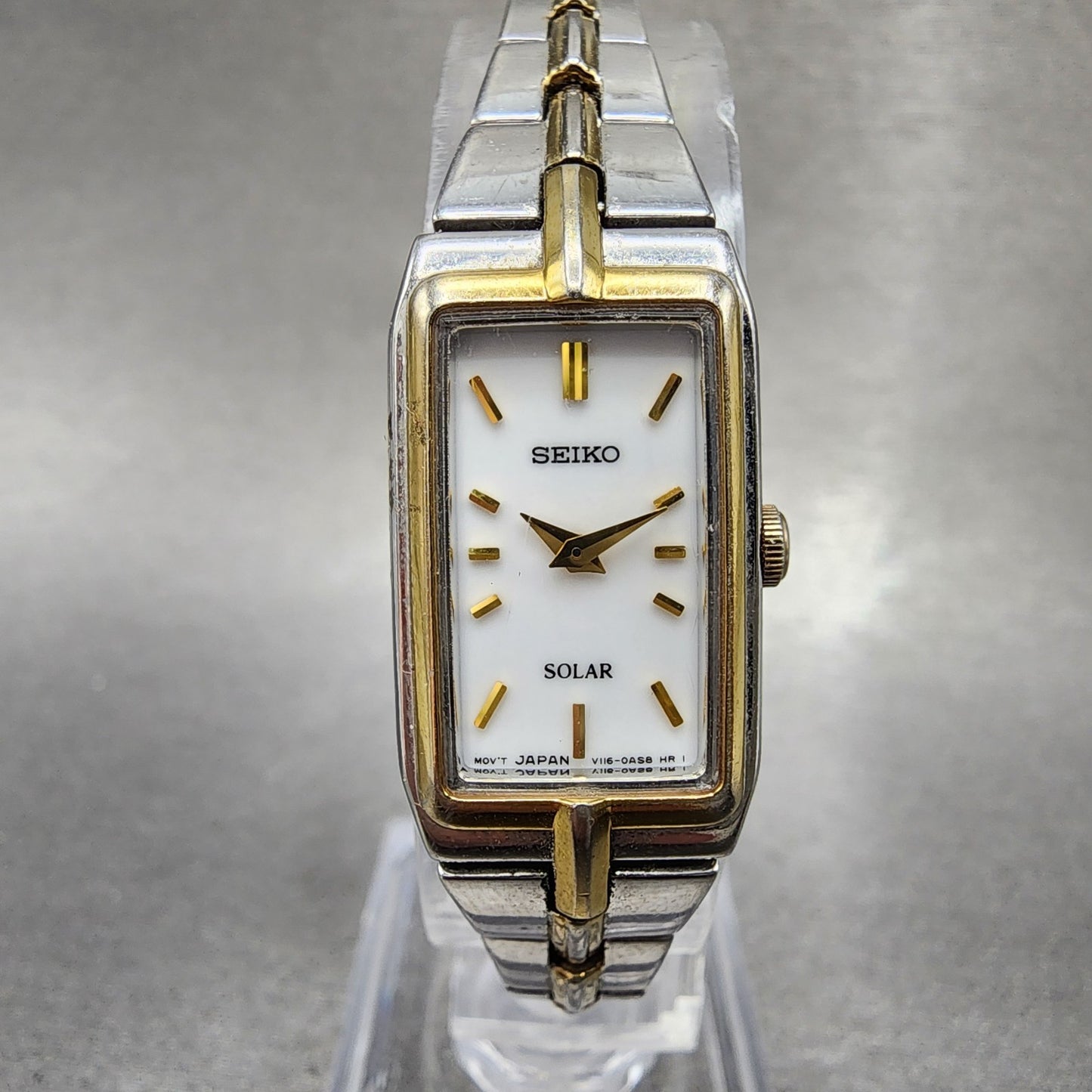 Seiko Solar Tank Watch Women 15mm White Dial Two Tone Rectangle V1160ah0 Runs0