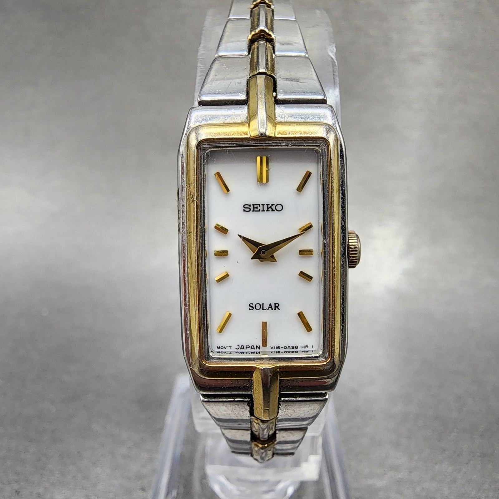 Seiko Solar Tank Watch Women 15mm White Dial Two Tone Rectangle V1160ah0 Runs0