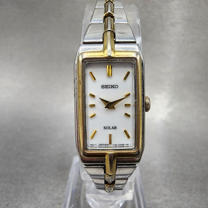 Seiko Solar Tank Watch Women 15mm White Dial Two Tone Rectangle V1160ah0 Runs0