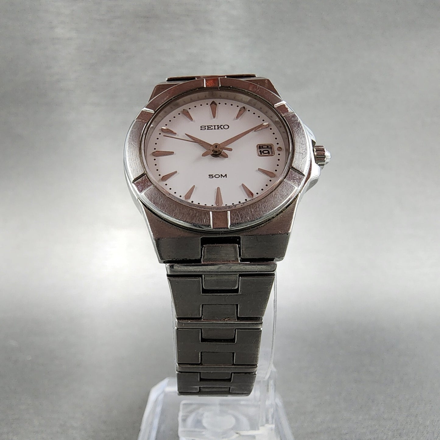 Seiko Watch Women 26mm White Dial Steel Date Round 7N826F50 New Battery5