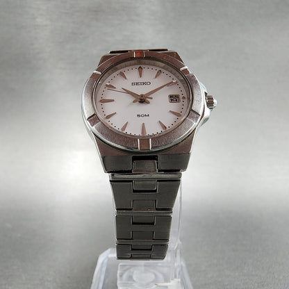 Seiko Watch Women 26mm White Dial Steel Date Round 7N826F50 New Battery5