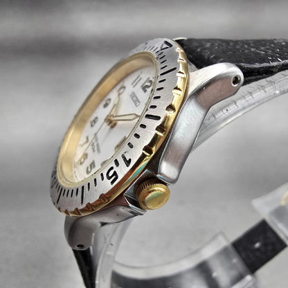 Seiko Watch Women 28mm White Dial Two Tone Date Round 7N82-0650 New Battery VTG2