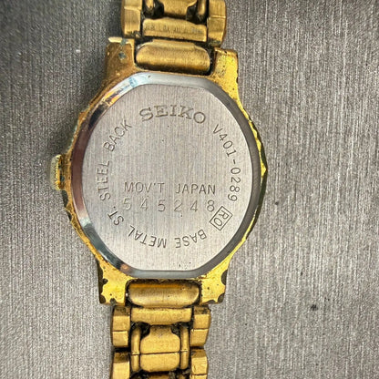 Seiko Watch Women 19mm White Dial Gold Tone Round V401-0289 New Battery Vintage10