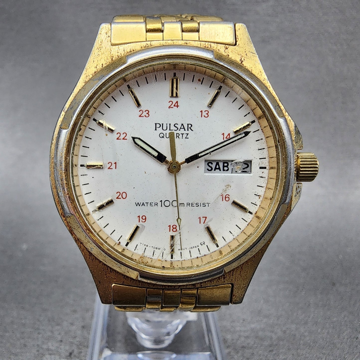 Pulsar Watch Men 37mm White Dial Gold Tone Daydate Round Y1487060 New Battery1