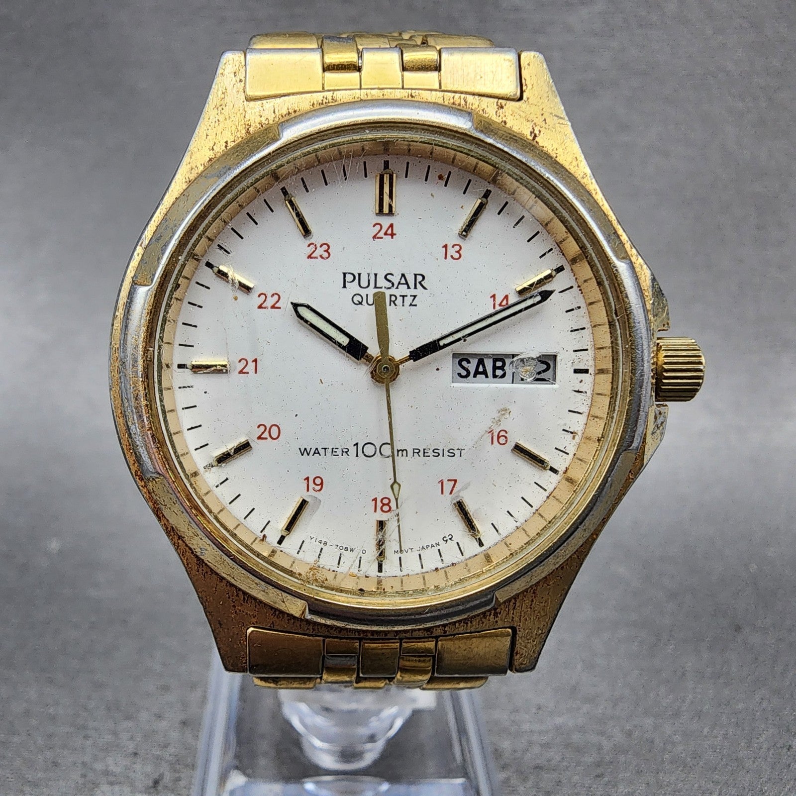 Pulsar Watch Men 37mm White Dial Gold Tone Daydate Round Y1487060 New Battery1
