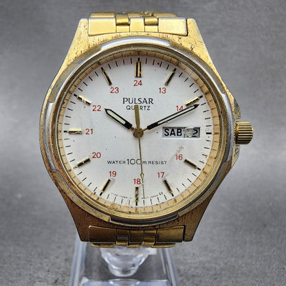 Pulsar Watch Men 37mm White Dial Gold Tone Daydate Round Y1487060 New Battery1
