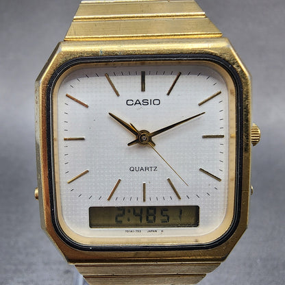 Casio AQ425 Watch Men 30mm White Dial Gold Tone Analog Digital New Battery VTG1
