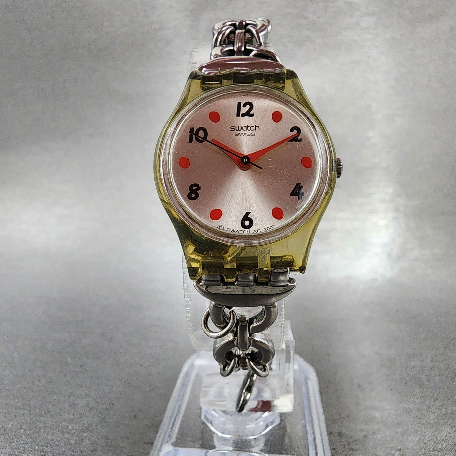 Swatch Me And My Shoes Watch Women 25mm Silver Dial Clear Case Round New Battery5