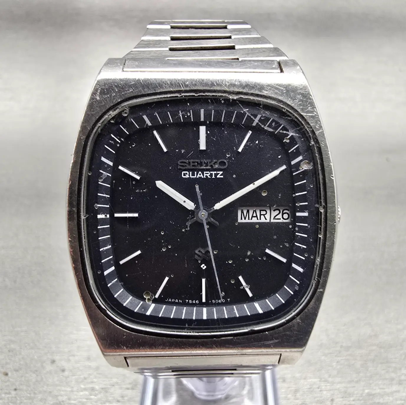 Seiko SQ Watch Men 36mm Black Dial Silver Tone Daydate 7546-5069 New Battery VTG0