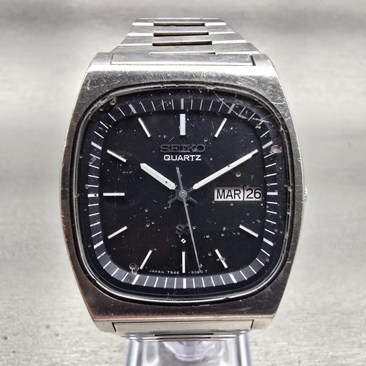 Seiko SQ Watch Men 36mm Black Dial Silver Tone Daydate 7546-5069 New Battery VTG0