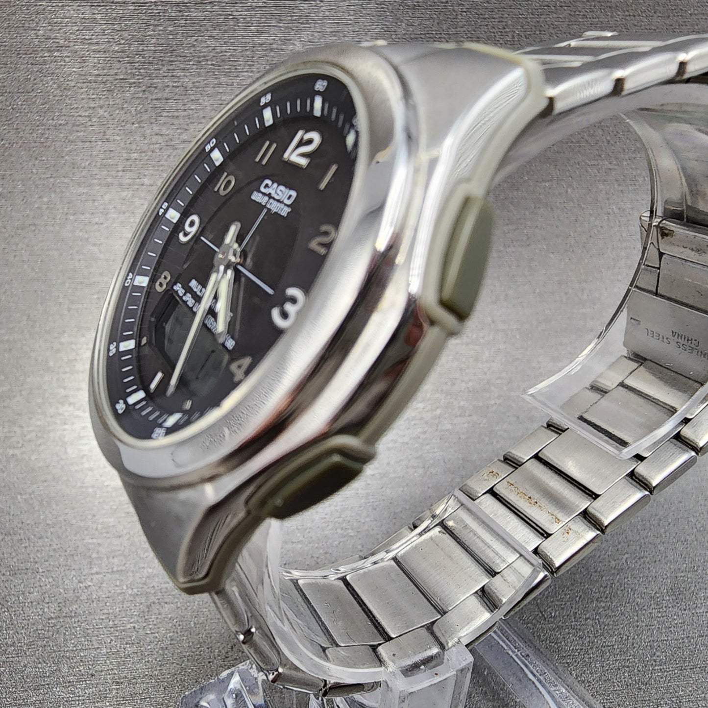 Casio Wave Ceptor Watch Men 41mm Black Dial Steel Analog Digital Solar Runs B1232