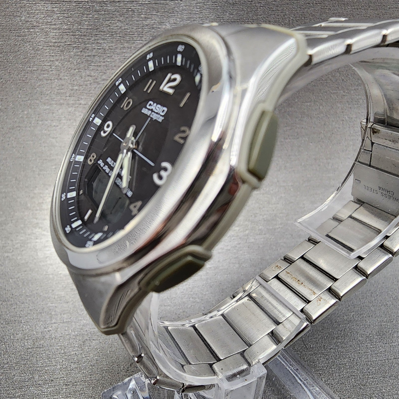 Casio Wave Ceptor Watch Men 41mm Black Dial Steel Analog Digital Solar Runs B1232