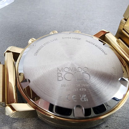 Movado Bold Evolution Chronograph Watch Men 42mm Gold Dial Gold Tone Date CHIP9