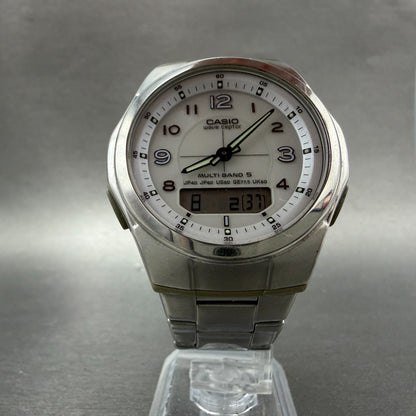 Casio Wave Ceptor Solar Watch Men 41mm White Dial Analog Digital Steel Runs KPO5