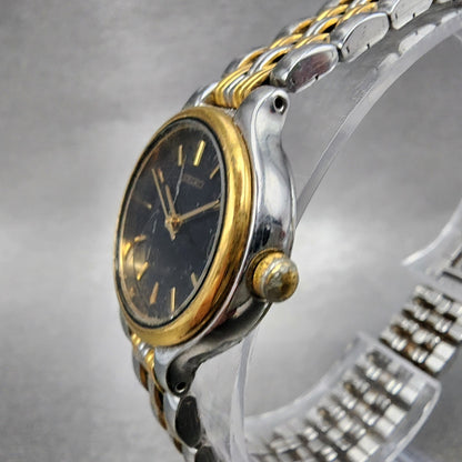 Seiko Watch Women 23mm Black Dial Two Tone Date Round 7N820228 New Battery ABC2