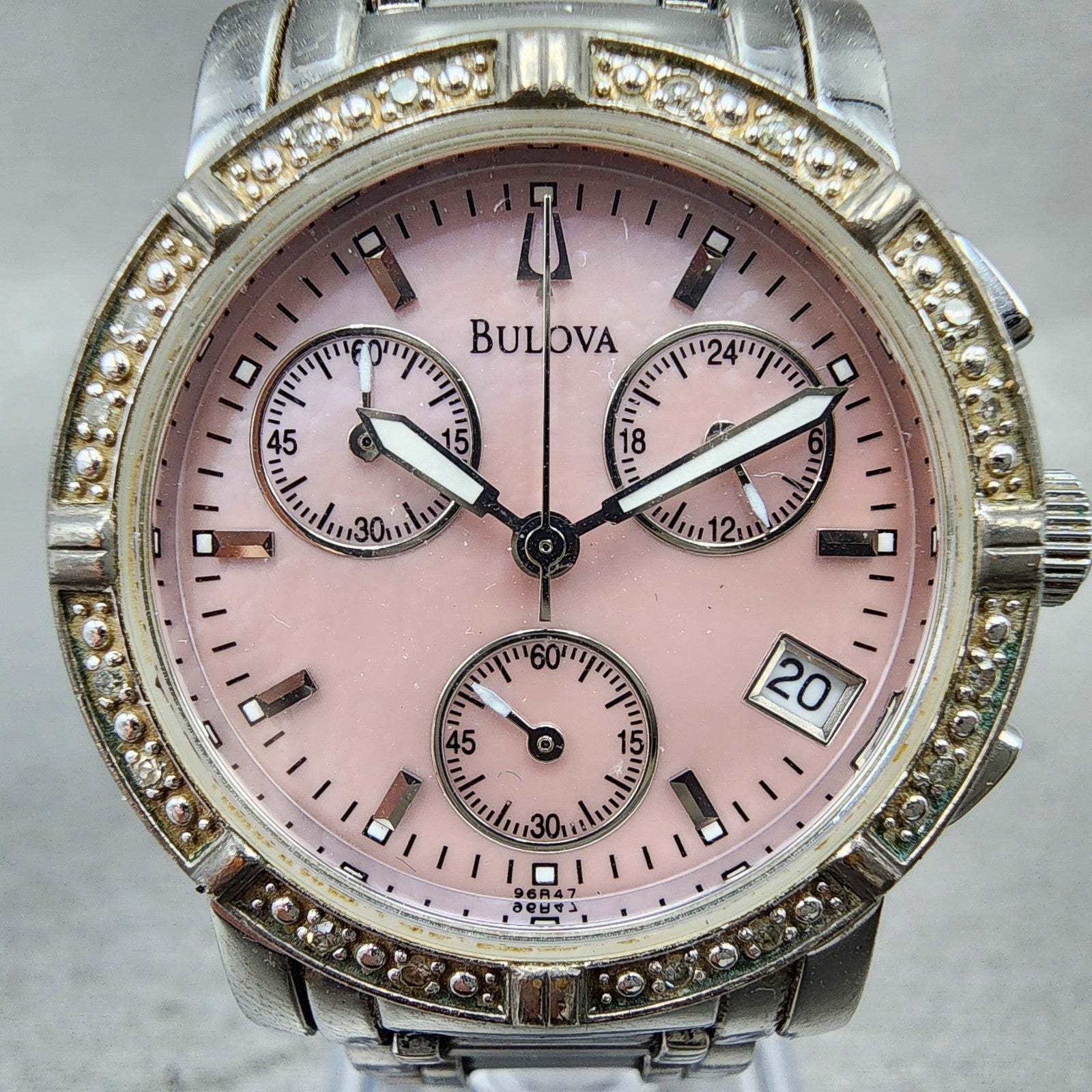 Bulova Chronograph Watch Women 30mm MOP Dial Silver Tone Date 96R47 New Battery1