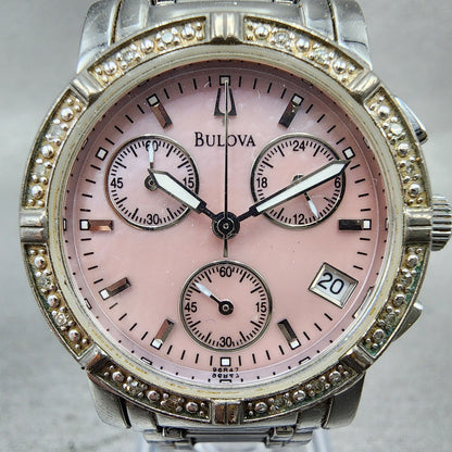 Bulova Chronograph Watch Women 30mm MOP Dial Silver Tone Date 96R47 New Battery1