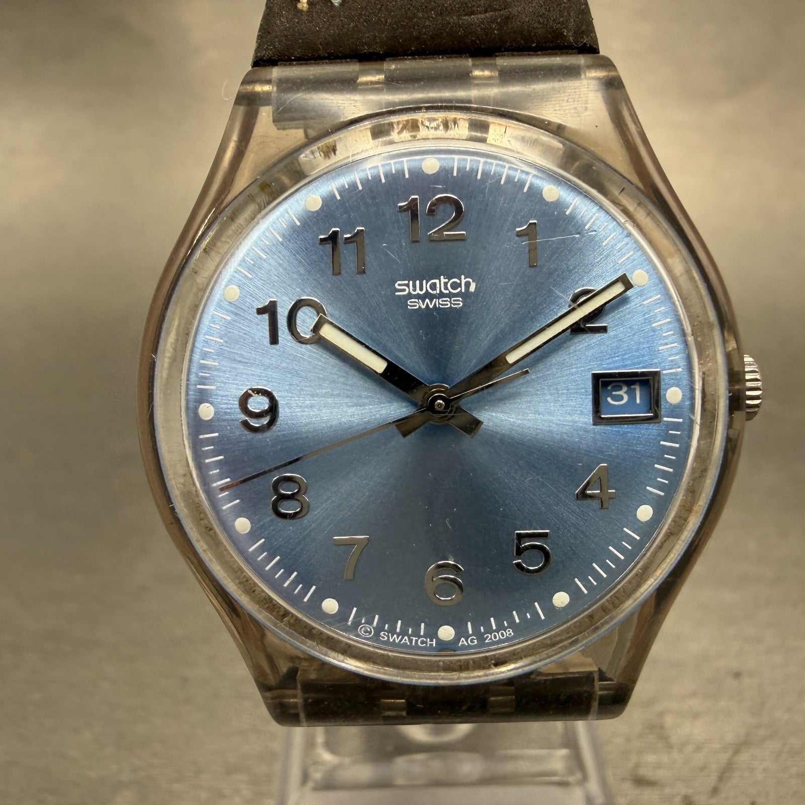 Swatch Blue Choco Watch Men 34mm Blue Dial Clear Date Round GM415 New Battery0