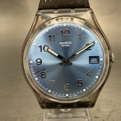 Swatch Blue Choco Watch Men 34mm Blue Dial Clear Date Round GM415 New Battery0
