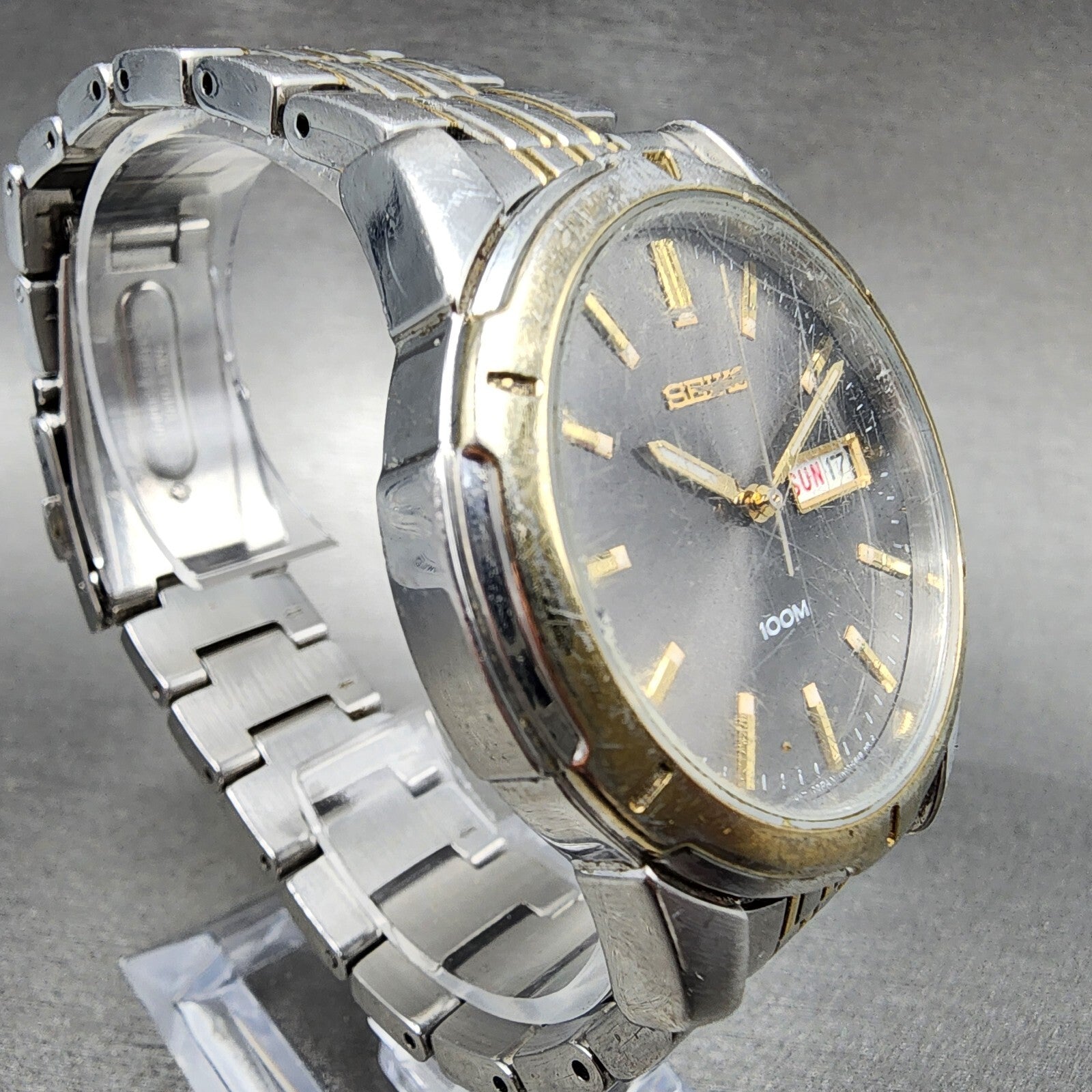 Seiko Watch Men 39mm Black Dial Two Tone Round Daydate 7n430az0 New Batttery3