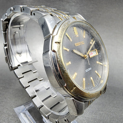 Seiko Watch Men 39mm Black Dial Two Tone Round Daydate 7n430az0 New Batttery3