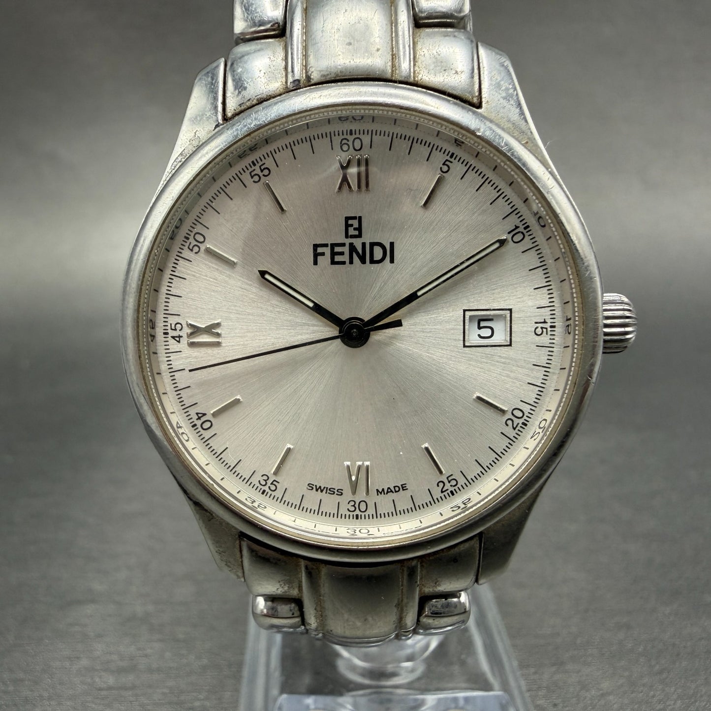 Fendi Orologi Watch Men 35mm Silver Dial Silver Tone Date Round 061-036 New Batt0