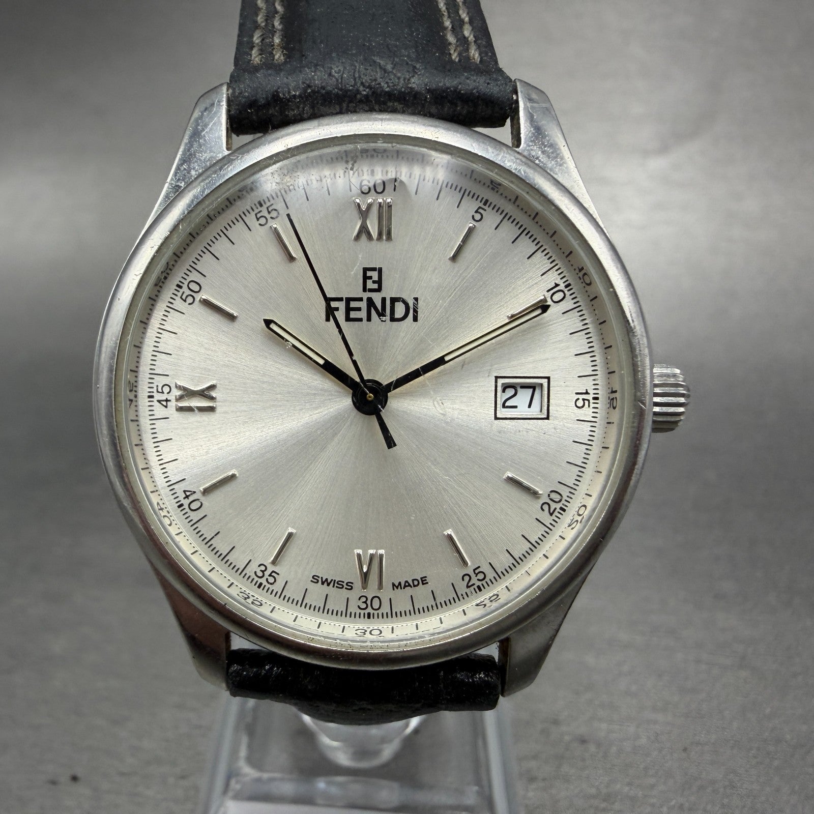 Fendi Orologi Watch Men 35mm Silver Dial Silver Tone Date Round 210G New Batt0