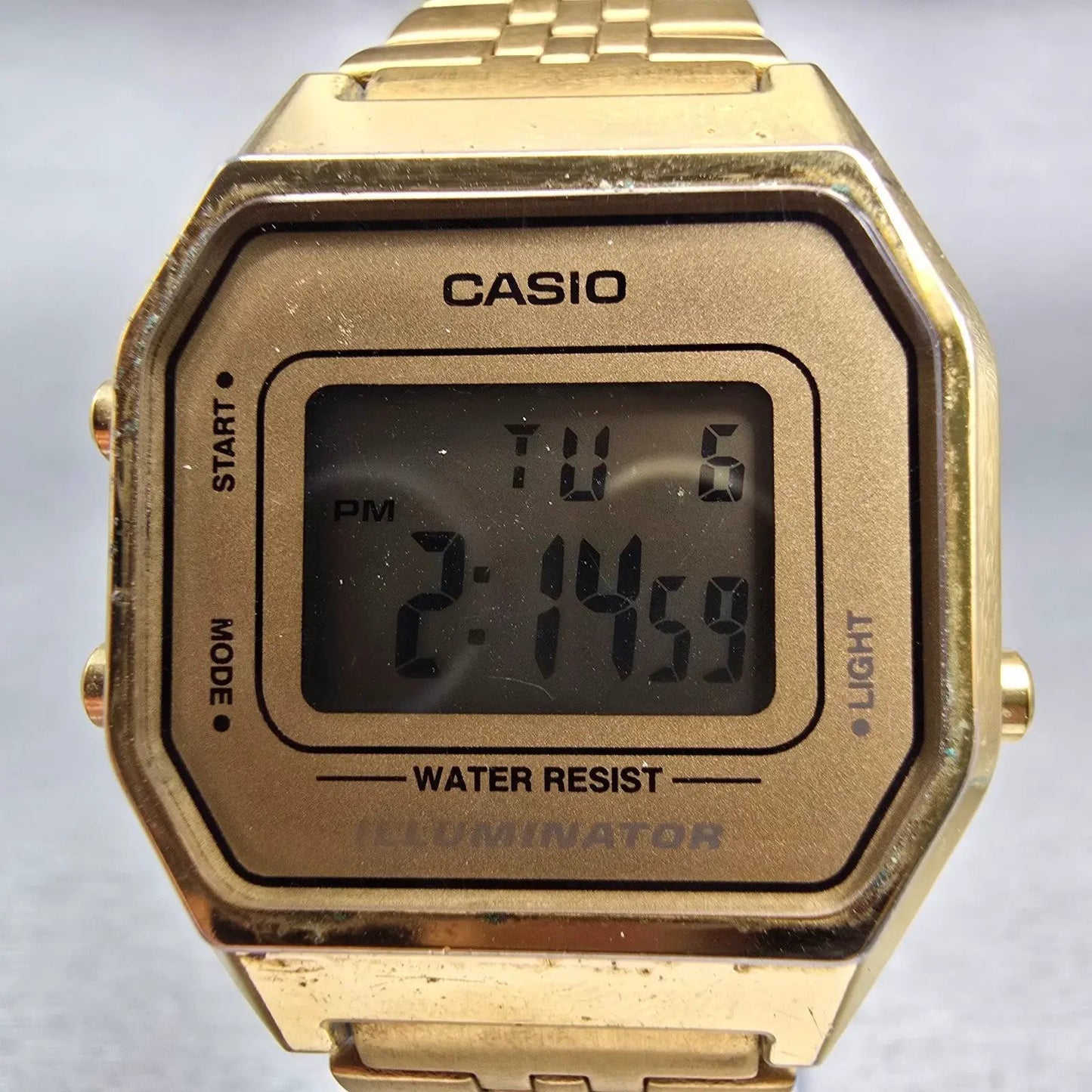 Casio Illuminator LA680W Watch Men 28mm Gold Dial Gold Tone Chrono Alarm New Bat1