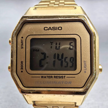 Casio Illuminator LA680W Watch Men 28mm Gold Dial Gold Tone Chrono Alarm New Bat1