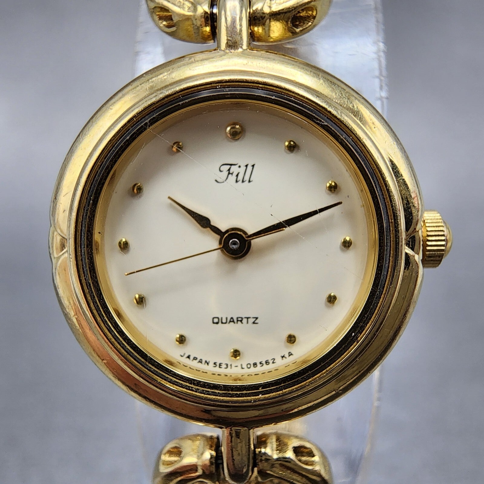 Vega Fill Watch Women 19mm Cream Dial Gold Tone Round Red Gems New Battery1