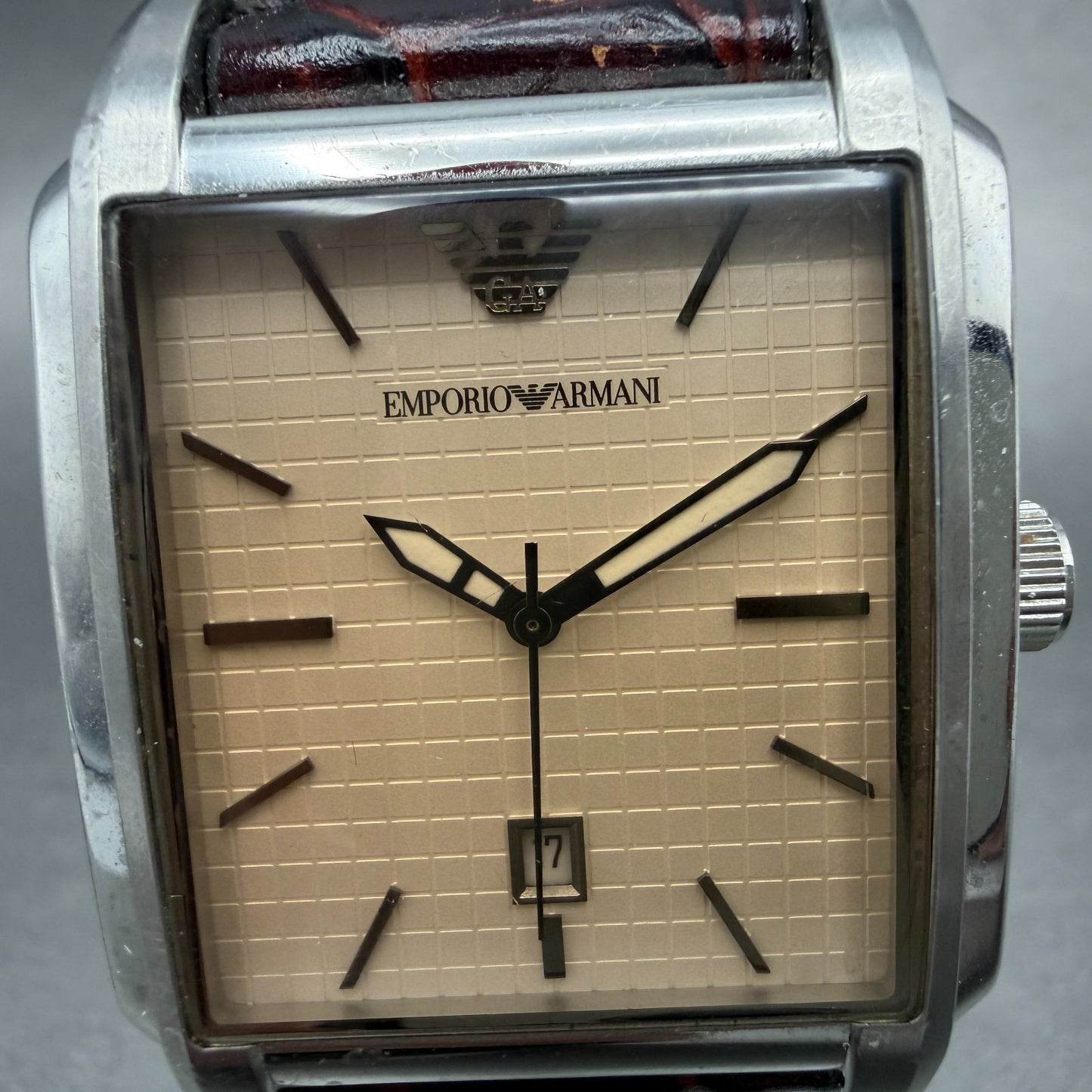 Emporio Armani Tank Watch Men 35mm Cream Dial Steel Date Rectangle AR-0477 Works1